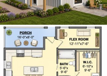 917 Sq. Ft. Cottage Plan with 1 Bedroom and Open Living Design