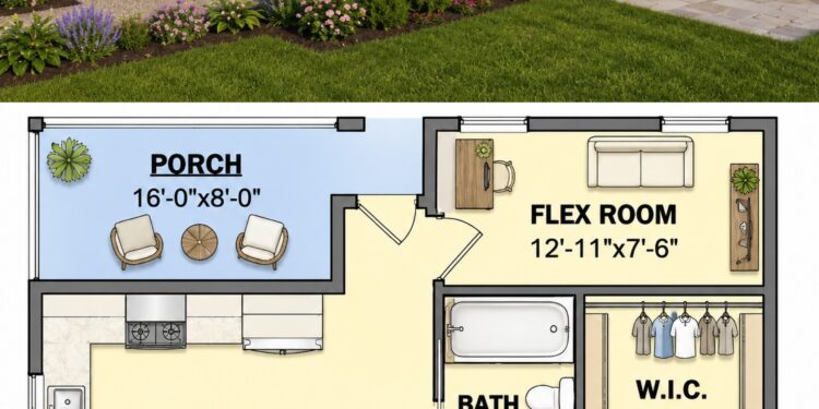 917 Sq. Ft. Cottage Plan with 1 Bedroom and Open Living Design