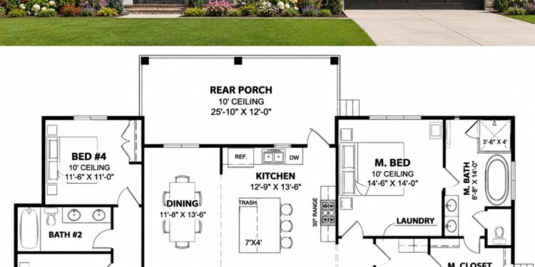 1843 Sq. Ft. Modern Farmhouse Plan with 4 Bedrooms and Split-Bedroom Design