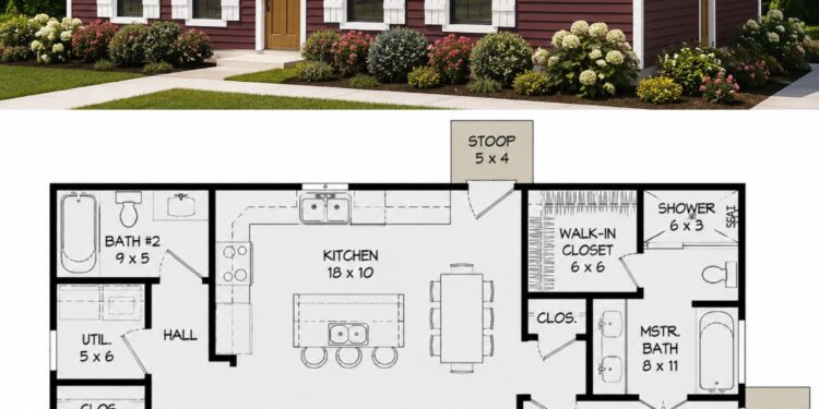 1040 Sq. Ft. Traditional House Plan with 2 Bedrooms and Open Living