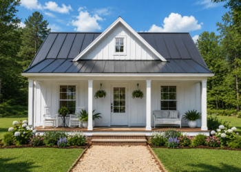 1055 Sq. Ft. Cabin Plan with 2 Bedrooms, 2 Bathrooms, Open Living Area, and Covered Porch