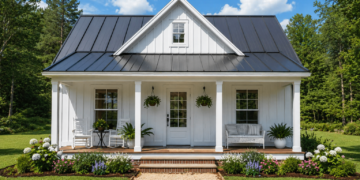 1055 Sq. Ft. Cabin Plan with 2 Bedrooms, 2 Bathrooms, Open Living Area, and Covered Porch