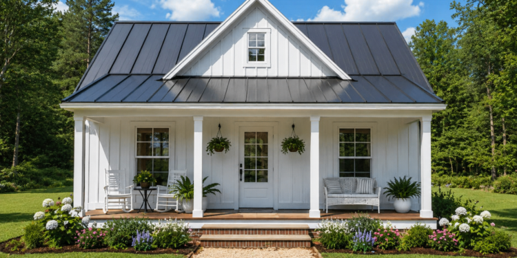 1055 Sq. Ft. Cabin Plan with 2 Bedrooms, 2 Bathrooms, Open Living Area, and Covered Porch