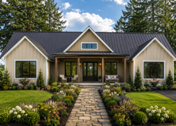 3362 Sq. Ft. Modern Farmhouse Plan with 4 Bedrooms, 4.5 Bathrooms, Outdoor Kitchen, Fireplace, and 3-Car Garage
