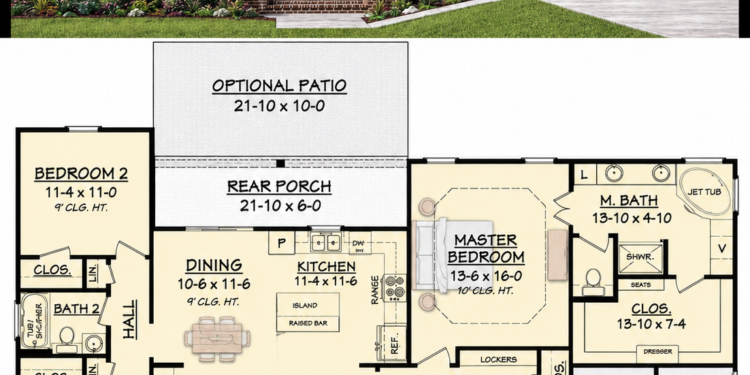 1675 Sq. Ft. Cottage Plan with 3 Bedrooms, 2 Bathrooms, Front and Rear Porches, and 2-Car Garage