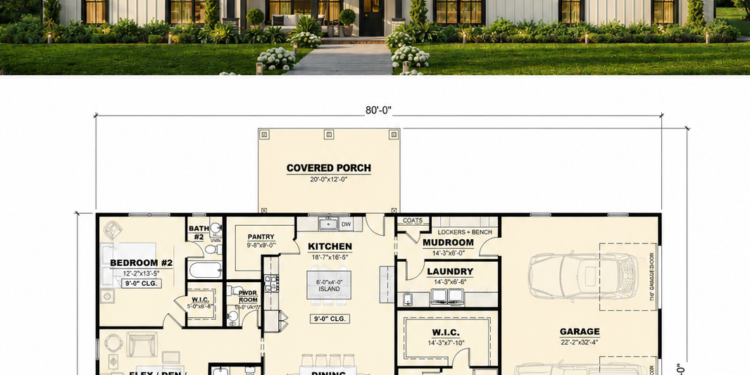 2866 Sq. Ft. Barndominium Plan with 4 Bedrooms, 3.5 Bathrooms, Office, and 3-Car Garage