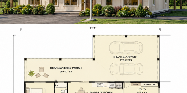 1717 Sq. Ft. Modern Farmhouse Plan with 3 Bedrooms, 2 Bathrooms, Split Layout, and Open Family Living