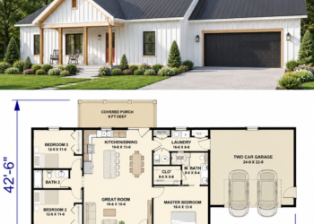 1425 Sq. Ft. Modern Farmhouse Plan with 3 Bedrooms, 2 Bathrooms, Open Living, and 2-Car Garage
