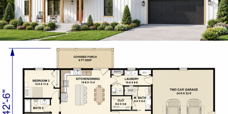 1425 Sq. Ft. Modern Farmhouse Plan with 3 Bedrooms, 2 Bathrooms, Open Living, and 2-Car Garage