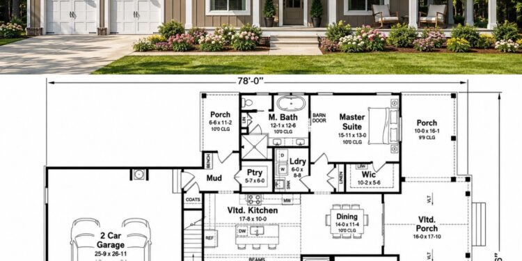 1820 Sq. Ft. Modern Farmhouse Plan with 3–4 Bedrooms and Flexible Family Living