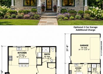 680 Sq. Ft. Cottage House Plan with 1 Bedroom and Cozy Open Living