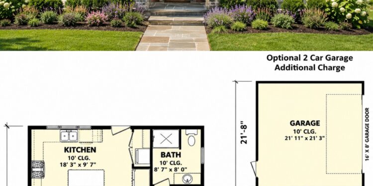 680 Sq. Ft. Cottage House Plan with 1 Bedroom and Cozy Open Living