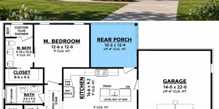 996 Sq. Ft. Modern Farmhouse Plan with 2 Bedrooms and Open-Concept Living