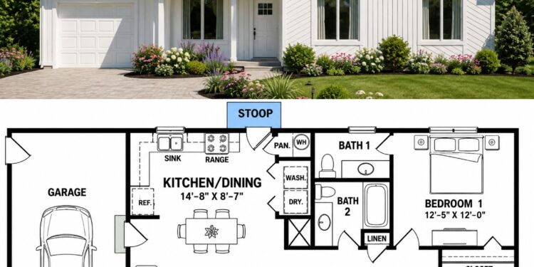 Three-Bedroom Ranch House Plan with Attached One-Car Garage for Comfortable Everyday Living