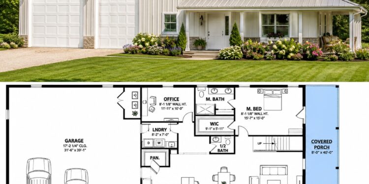 2456 Sq. Ft. Barndominium Plan with 3 Bedrooms, Loft, Office, and Expansive Garage
