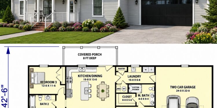 1425 Sq. Ft. Modern Farmhouse Plan with 3 Bedrooms and 2-Car Garage