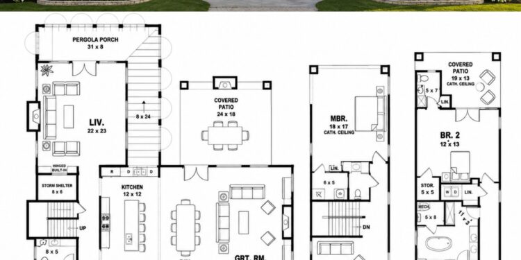 5116 Sq. Ft. Modern Transitional Plan with 5 Bedrooms and 6-Car Garage