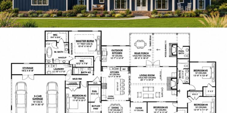 2705 Sq. Ft. Modern Farmhouse Plan with 5 Bedrooms and 3-Car Garage