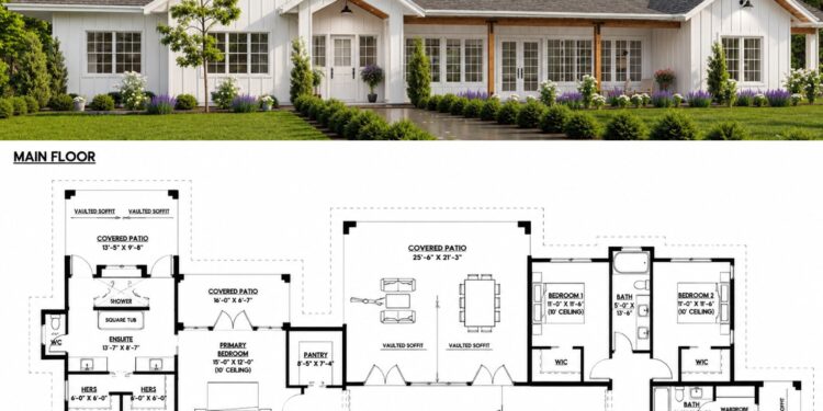 2933 Sq. Ft. Modern Farmhouse Plan with 3–4 Bedrooms and 2-Car Garage