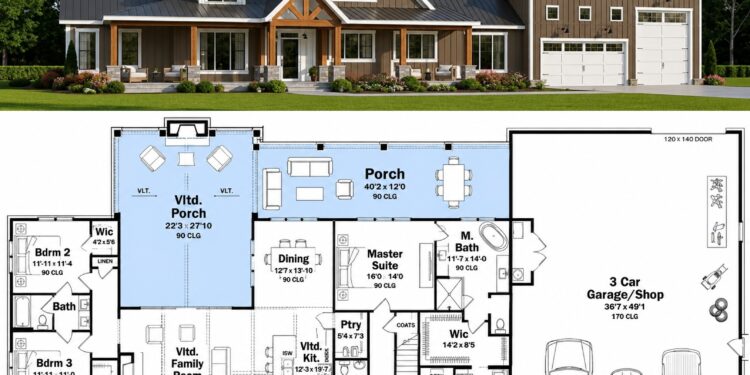 2308 Sq. Ft. Barndominium Plan with 3 Bedrooms and Expansive Porches