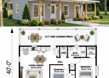 800 Sq. Ft. Modern Farmhouse Plan with 2 Bedrooms and 1 Bathroom