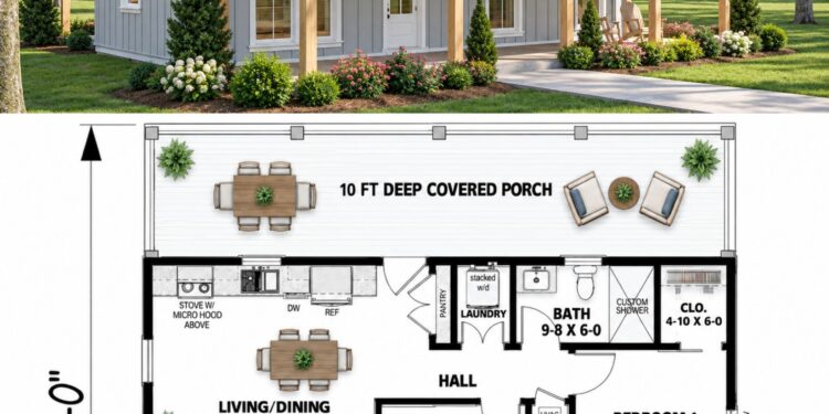 800 Sq. Ft. Modern Farmhouse Plan with 2 Bedrooms and 1 Bathroom