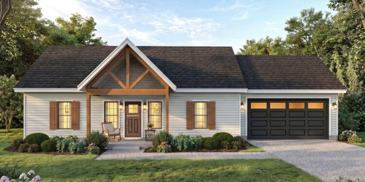 1040 Sq Ft Modern Farmhouse Plan with 2 Bedrooms, 2 Bathrooms, and a 2-Car Garage