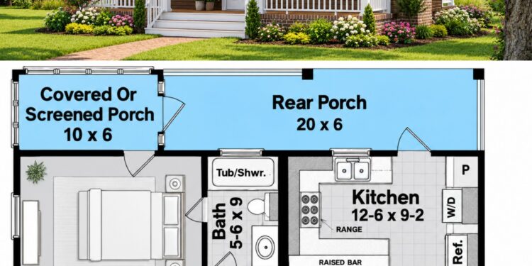 600 Sq. Ft. Cottage Plan with 1 Bedroom and 1 Bathroom