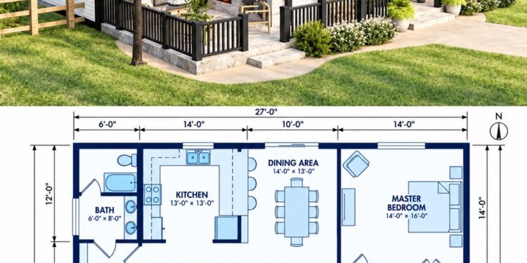 696 Sq. Ft. Country Cottage Plan with 2 Bedrooms and 1 Bathroom