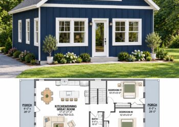1230 Sq Ft Cottage House Plan with 2 Bedrooms, 1 Bathroom, and a Loft