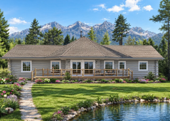 1390 Sq Ft Log Cabin House Plan with 2 Bedrooms, 2 Bathrooms, and a Wraparound Porch