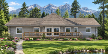 1390 Sq Ft Log Cabin House Plan with 2 Bedrooms, 2 Bathrooms, and a Wraparound Porch