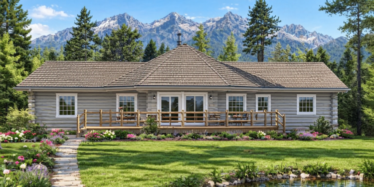 1390 Sq Ft Log Cabin House Plan with 2 Bedrooms, 2 Bathrooms, and a Wraparound Porch
