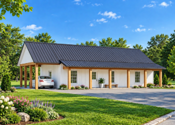1120-Square-Foot Barn House Plan with 2 Bedrooms, 1 Bathroom, and a Spacious Front Porch