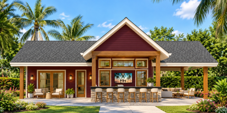 744 Sq. Ft. Pool House Plan with 1 Bedroom and 1 Bathroom